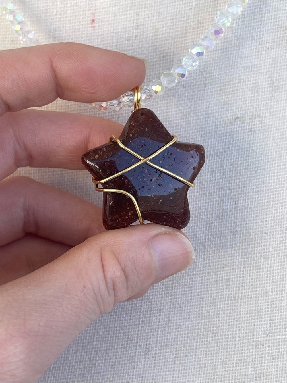Strawberry Quartz Star Necklace Gold Tone Wire Wrap on White Glass AB Bead Chain